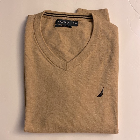 NAUTICA NAVTECH men’s Ribbed V-neck long sleeve tan sweater cotton blend XXL 🌞 - Picture 2 of 12